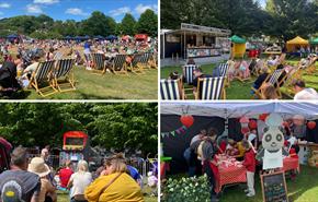 Four images from Risca events, showing the beach area, cookery theatre, Punch & Judy show and cookery class.
